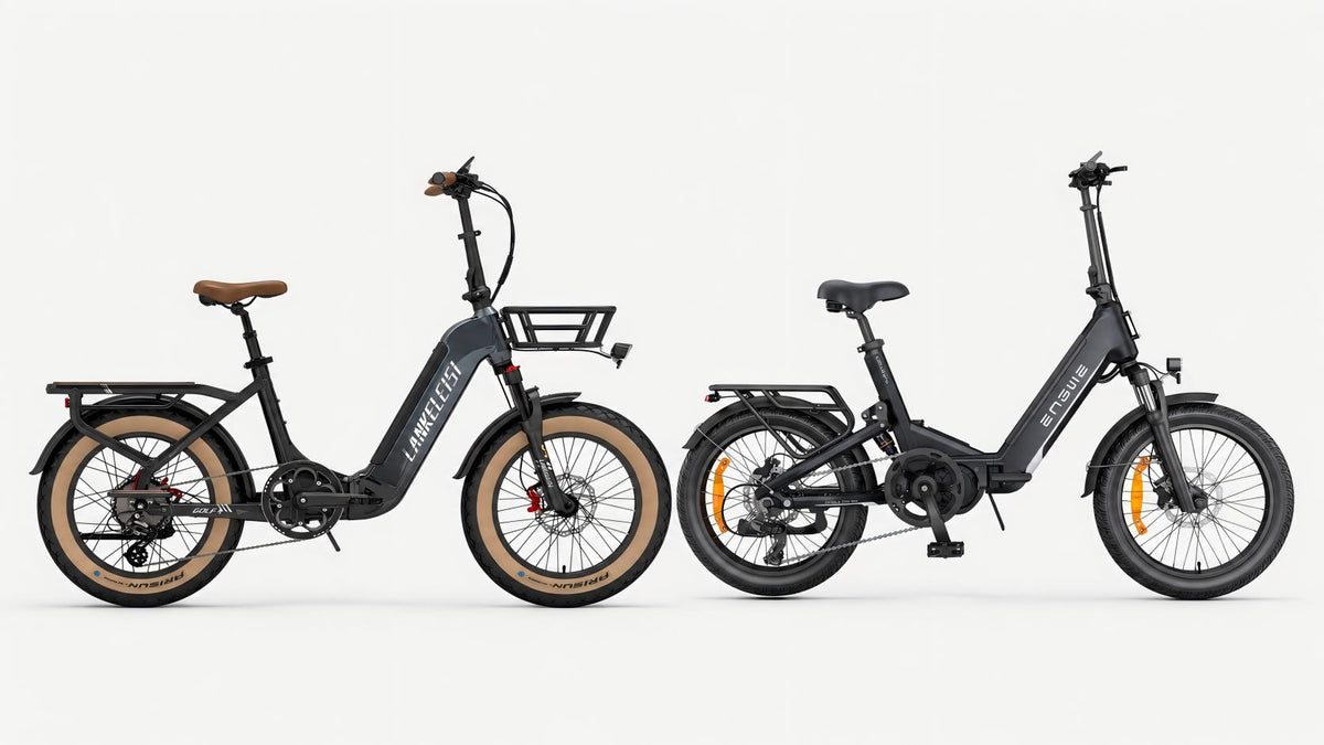 Visueller Vergleich zwischen dem LANKELEISI GOLF-X und dem ENGWE L20 3.0 Pro, zwei faltbaren E-Bikes.