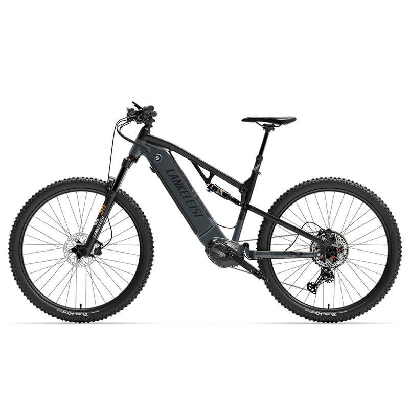 E-Mountainbike LANKELEISI GT800 mit Mittelmotor, schwarzes Design, robuste Reifen und modernes Rahmenprofil.