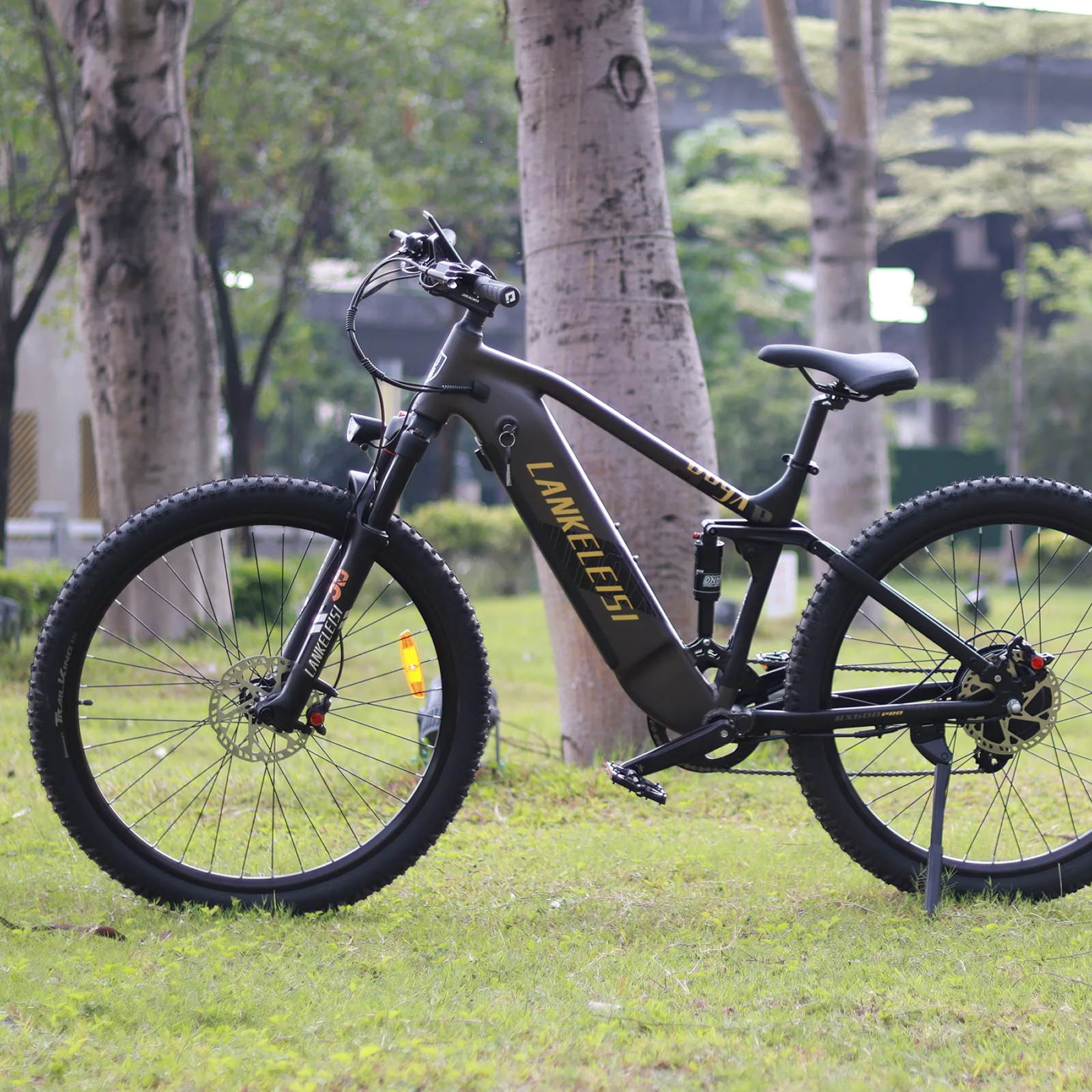 LANKLEISI RX600PRO E-Bike im Garten, schwarzes E-Bike mit robustem Rahmen und schmutzabweisender Lackierung.