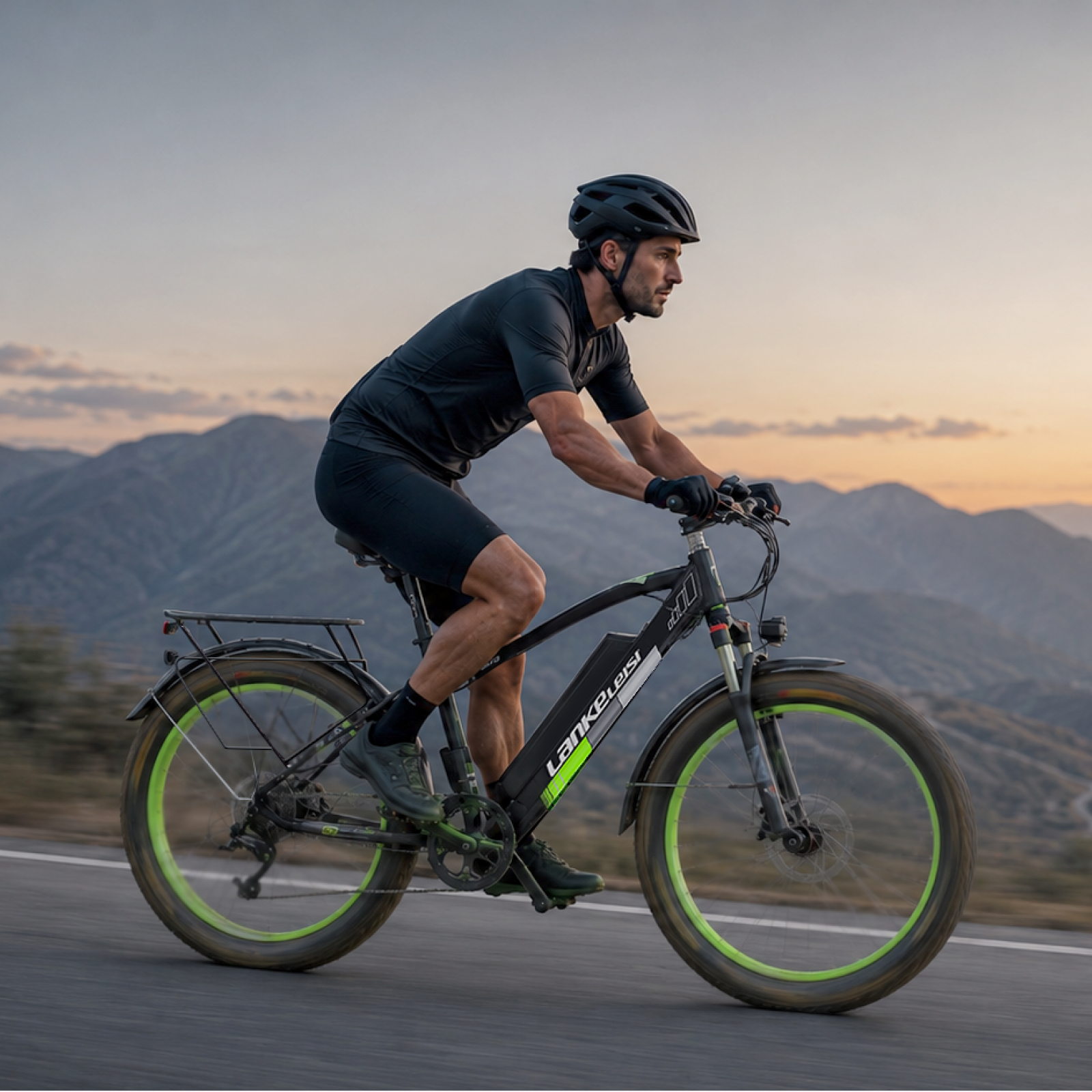 Lankeleisi XC4000 E-Bike auf einer Straße, schwarzes E-Bike mit robustem Rahmen und Mountainbike-Design.