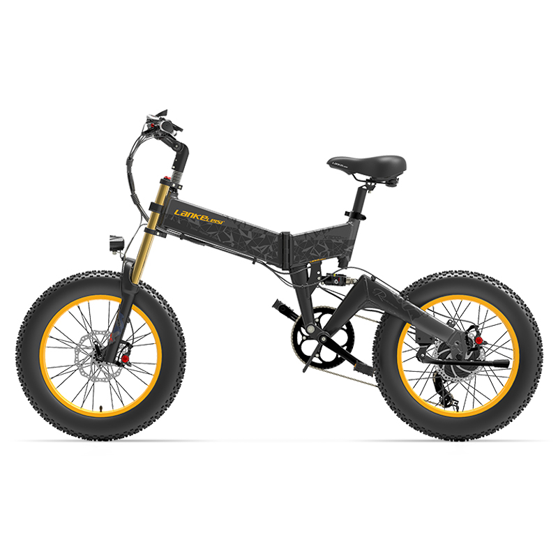 Leichtes E-Mountainbike LANKELEISI X3000Plus-UP Klapprad mit schwarzem Rahmen, leistungsstarker Akku und breiten Reifen.