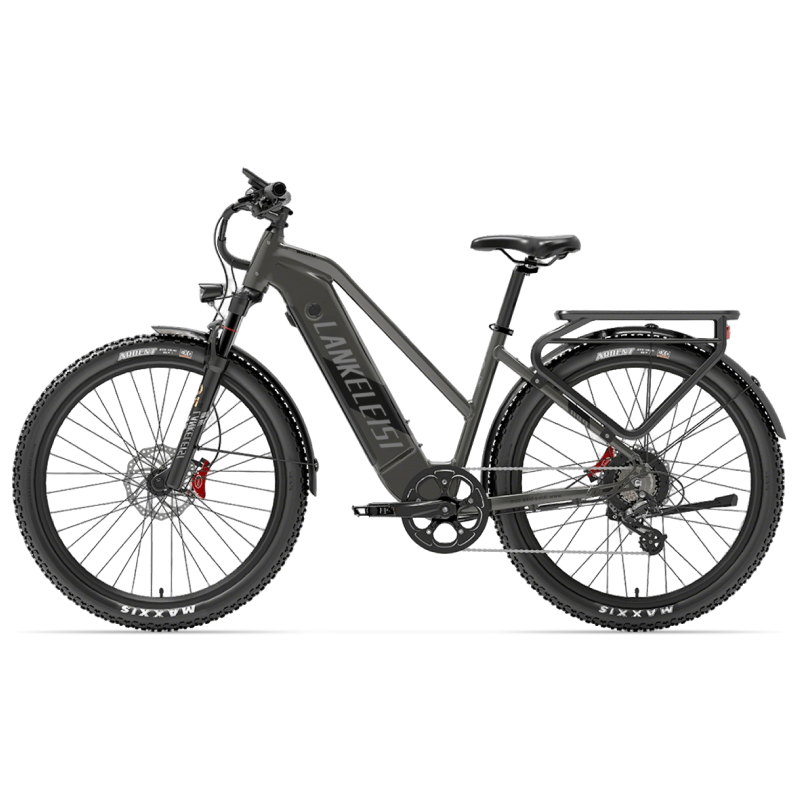 Lankeleisi MX600PRO E-Mountainbike mit schwarzem Rahmen, vollgefedert und Offroad-Reifen, für bergiges Gelände.