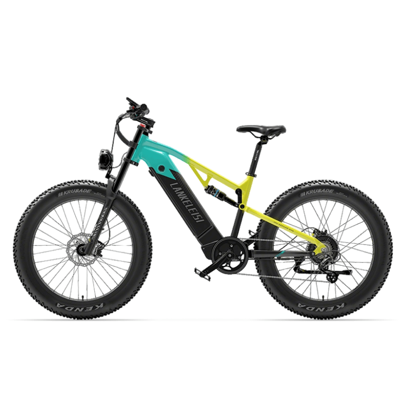 Lankeleisi RV800PLUS E-Bike, seitliche Ansicht mit schwarzem Rahmen und gelben Akzenten, zeigt Rahmen und Reifen.